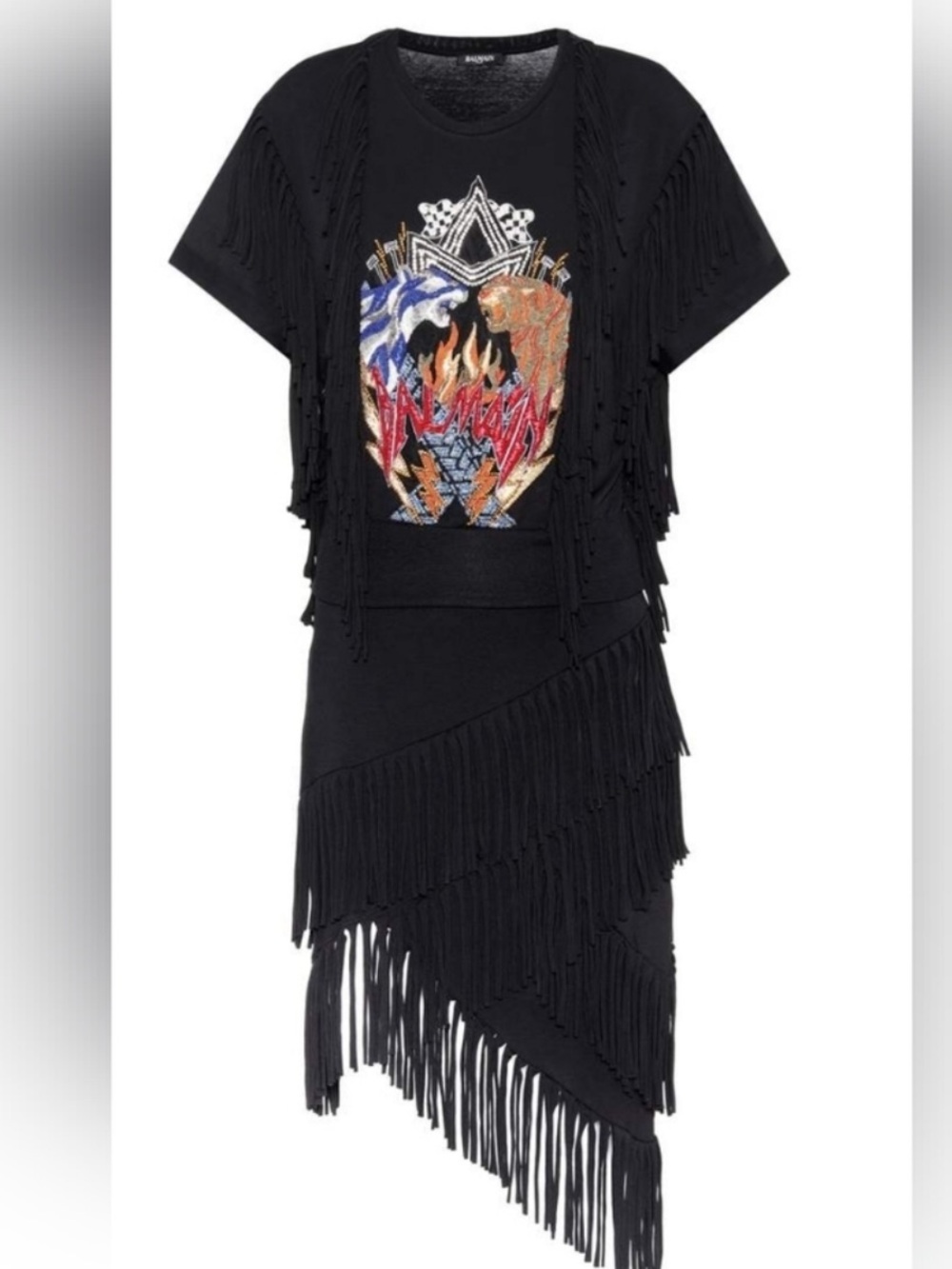 Balmain Black Fringe Tee Dress with Multicolor Tiger Motif IT34